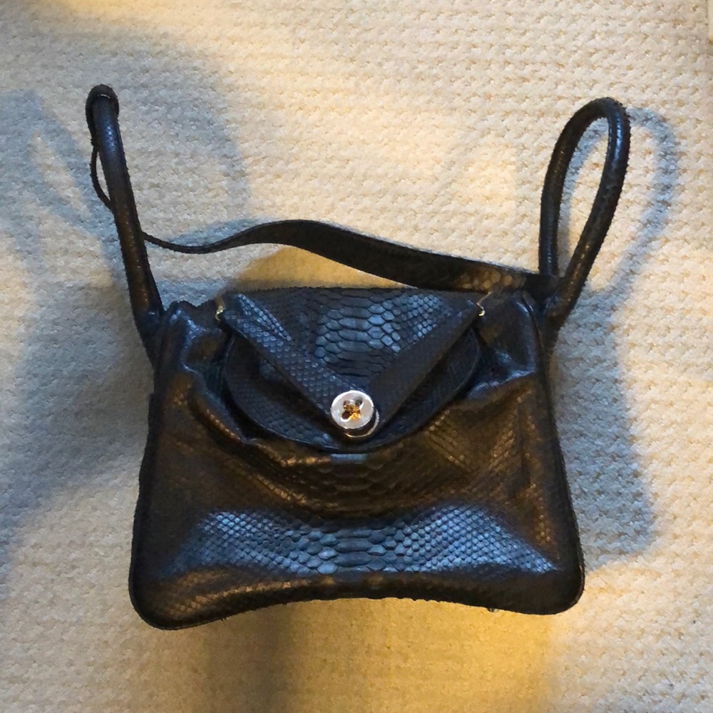 Genuine Python Skin Hermes Style Lindy Bag in Black